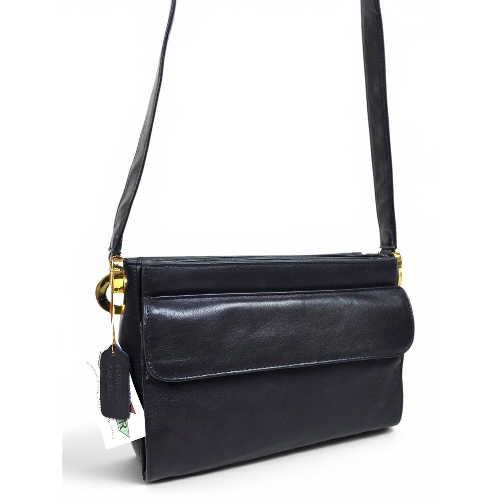 Vintage NWT Strada Leather Crossbody Organizer Bag Gold-tone Hardware Black